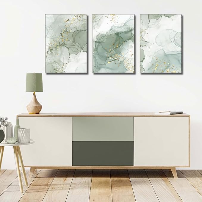 Sage Green Canvas Wall Art Set of 3 Abstract Green Gold Marble Line Wall Decor Pictures Neutral Modern Minimalist Posters Prints for Living Room Bedroom Home Decoration 16x24in