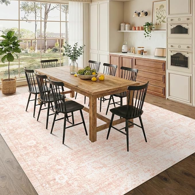 Homemate Washable Rug 8x10 Area Rugs - Vintage Faux Wool Rugs for Living Room Bedroom Dining Room - Non Slip Foldable Carpet Indoor Area Rug for Home Decor（8'x10', Pink