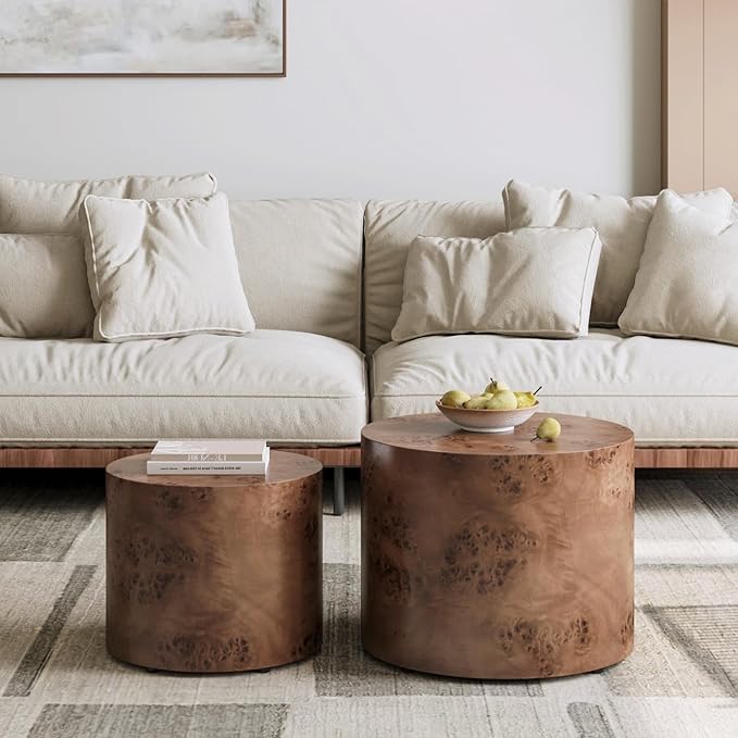 WILLIAMSPACE 18.9" Round Nesting Coffee Table Set of 2, Modern Wooden Coffee Tables Small Circle Center Table for Living Room, Accent End Table Set, No Assembling (Brown Burl)