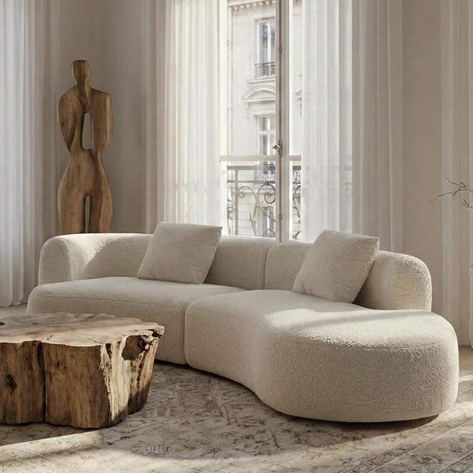 Acanva Modern Curved Sectional Living Room Couch, Minimalist Comfy Boucle Fabric Modular Sofa for Apartment, Home Office, 114" W Right Hand Facing, White