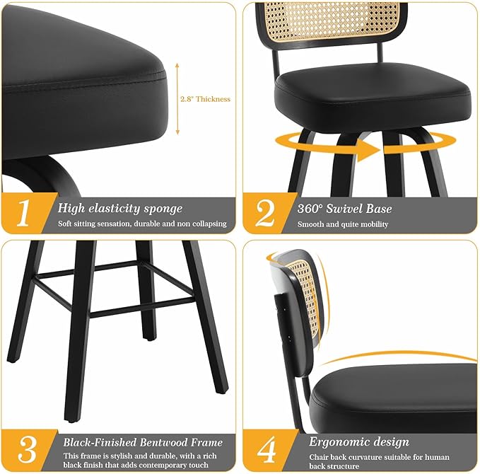 Bekrvio Swivel Bar Height Stools Set of 4, Upholstered Faux Leather Barstools with Rattan Back, 29" Seat Height Tall Bar Stools for Kitchen Counter, Black Wood Frame, Black