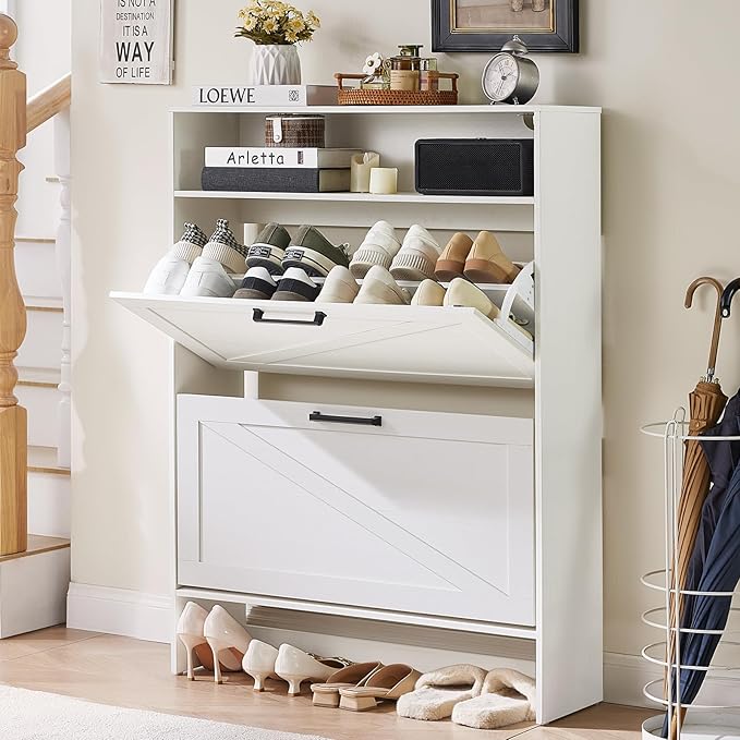 RWYHG Shoe Cabinet Storage for Entryway with 2 Flip Drawers Open Storage Layer Rack Narrow Organizer Slim Hidden Wood Shoe Cabinet Furniture White