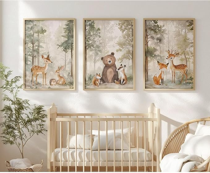 Tocliky Woodland Nursery Wall Art Decor Animal Forest Canvas Prints Baby Boy Room Wall Decor Bear Nursery Nature Pictures Deer Prints Artwork for Boy Girl Kids Bedroom 16x24 Inch Unframed Set of 3