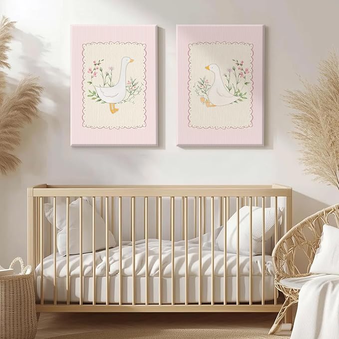 Vintage Nursery Wall Art Silly Goose Canvas Poster Pink Coquette Wall Decor Girls Room Pictures Baby Kids Poster Cute Animal Prints Floral Painting Artwork for Gallery Bedroom 12x16 Inch Ready to Hang