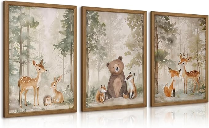 Woodland Nursery Wall Art Decor Animal Forest Canvas Prints Baby Boy Room Wall Decor Bear Nursery Nature Pictures Deer Prints Artwork for Boy Girl Kids Bedroom 12x16 Inch Wood Framed Set of 3