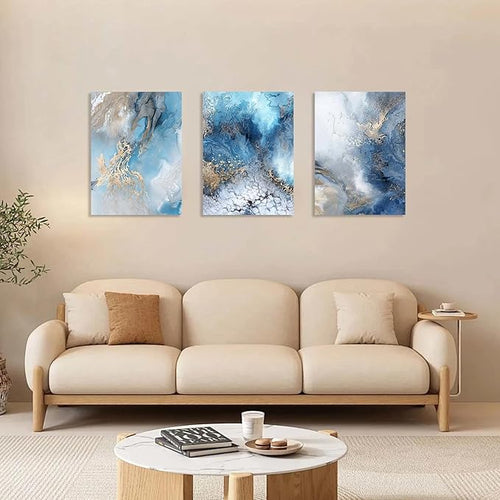 3 Piece Canvas Wall Art, Modern Abstract Blue and Gold Marble Ink Framed Wall Decor for Living Room Bedroom Office, 12x16 Inch, with Hooks and Nails