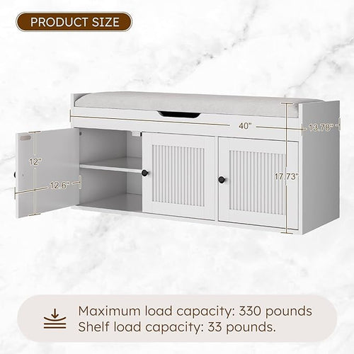 40" Storage Bench - Entryway Shoe Bench with 3 Doors and Top Storage Area, Multifunctional Entryway Bench with Lift Top Cushion, Shoe Storage Bench for Bedroom, Living Room, White