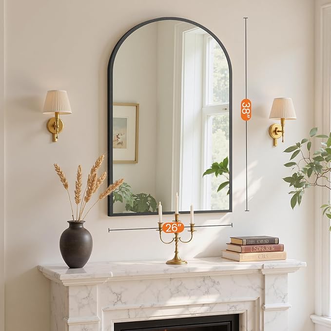 NEWBULIG 26X38 Inch Arched Bathroom Mirror for Wall, Vanity Bathroom Mirrors for Over Sink Tempered Glass, Anti-Rust Arched Metal Framed, Hangs Horizontally or Vertically, Farmhouse Home Decor, Black