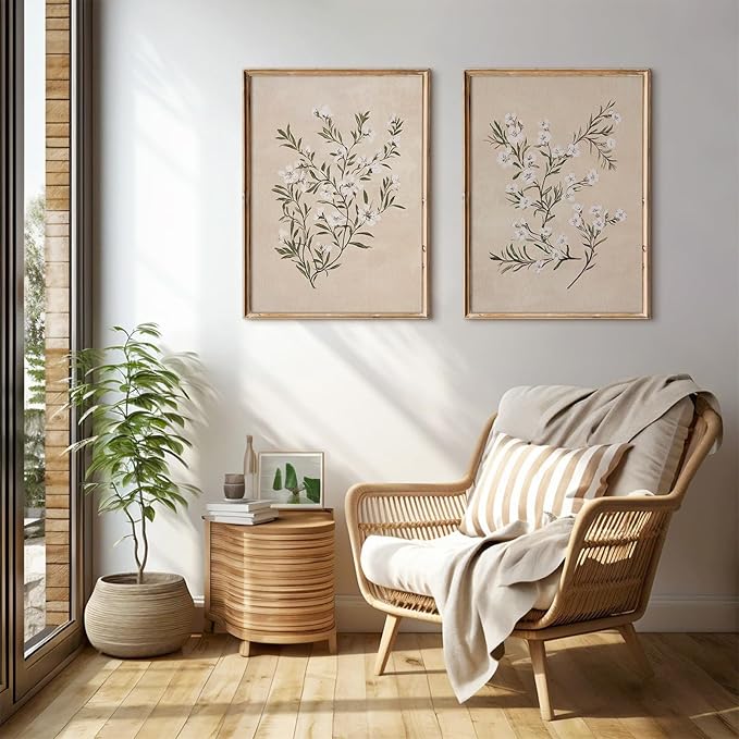 Vintage Botanical Wall Art Neutral Floral Prints Farmhouse Flower Canvas Wall Decor Watercolor Wildflower Pictures Nature Minimalist Artwork for Living Room Bedroom 12x16 Inch Unframed Set of 2
