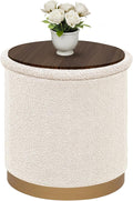 B FSOBEIIALEO Ottoman with Stroage, Round Boucle Storage Ottoman with Gold Plating Base,Foot Rest Stool for Dorm Room, Living Room White, 16.73"x16.73"x17.72"