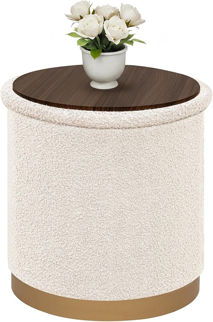 B FSOBEIIALEO Ottoman with Stroage, Round Boucle Storage Ottoman with Gold Plating Base,Foot Rest Stool for Dorm Room, Living Room White, 16.73"x16.73"x17.72"