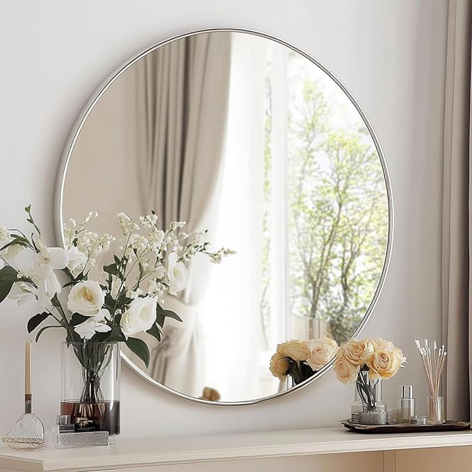 Oruii Silver Round Mirror, Silver Round Mirror 24 inch, Circle Bathroom Mirrors Metal Frame, Nickel Circle Mirrors for Wall, Over Sink, Bathroom, Living Room, Vanity, (Chrome)