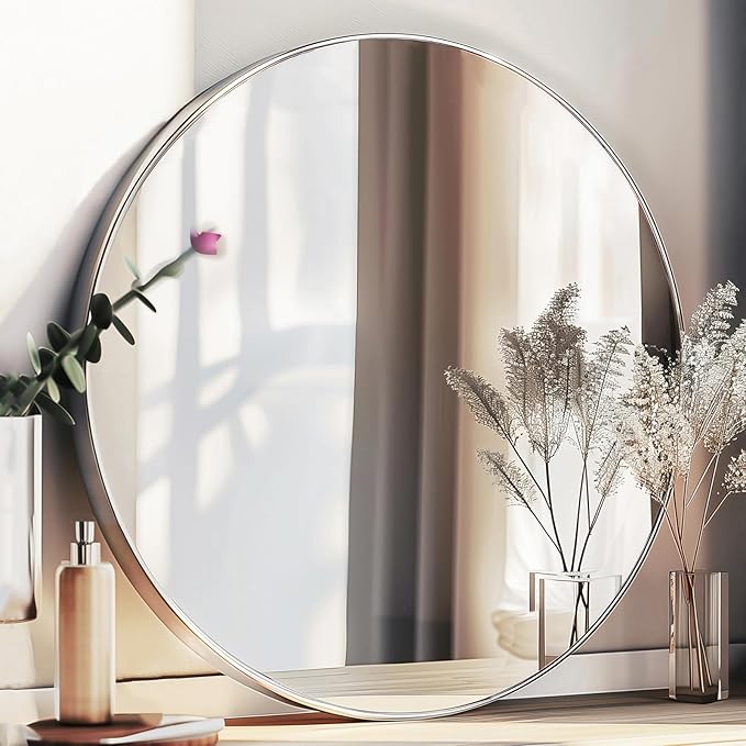 Sunniry Silver Circle Mirror, Round Mirror 20 inch, Round Wall Mirrors with Aluminum Frame, Circle Mirrors for Living Room, Bathroom, Wall, Hallway.