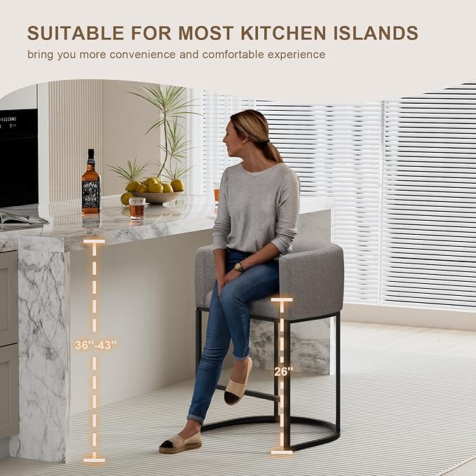 26" H Counter Height Bar Stools Set of 1, Modern Barrel Counter Stools with Backrest and Arms, Linen Fabric Upholstered Accent Barstools for Kitchen Island,Support 450 LBS (Gray)