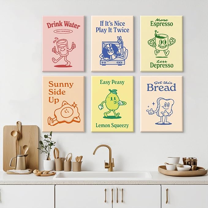 Retro Trendy Wall Art Decor Kitchen Aesthetic Canvas Wall Art Vintage Cute Pictures Funny Posters Retro Pink Prints Vintage Gallery Painting Funky Artwork for Room 12x16 Inch Set of 6 Ready to Hang