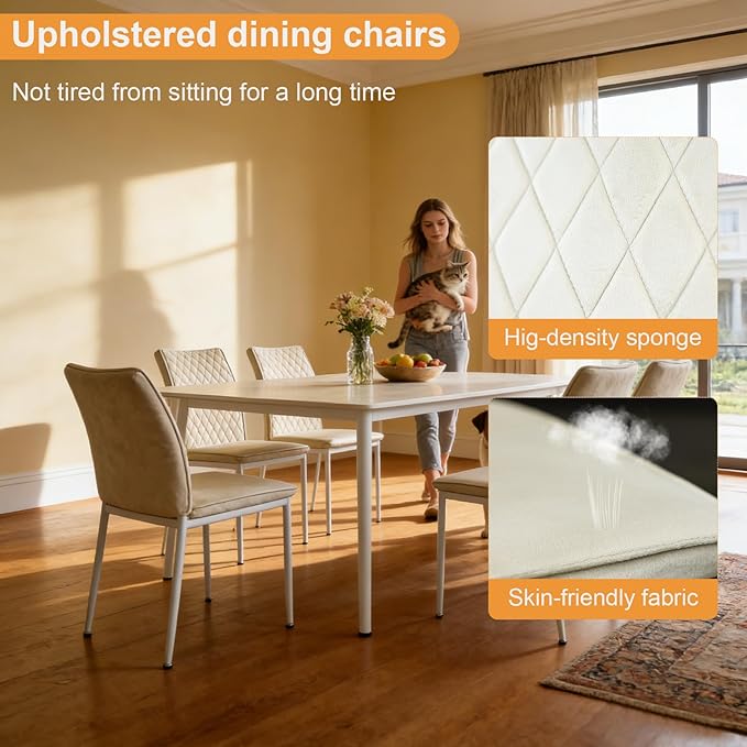 Dining Chairs Set of 2, Velvet Comfortable Seats, Mid-Century Modern Living Room Chairs, Upholstered Kitchen Chairs with Mental Legs and Padded Seat, Easy Assembly, Beige