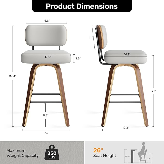 Swivel Bar Stools Set of 4, 26" Upholstered Faux Leather Counter Height Barstools with Walnut Back & Bentwood Legs, Mid Century Modern Bar Chairs Island Stools for Kitchen Counter, Light Grey