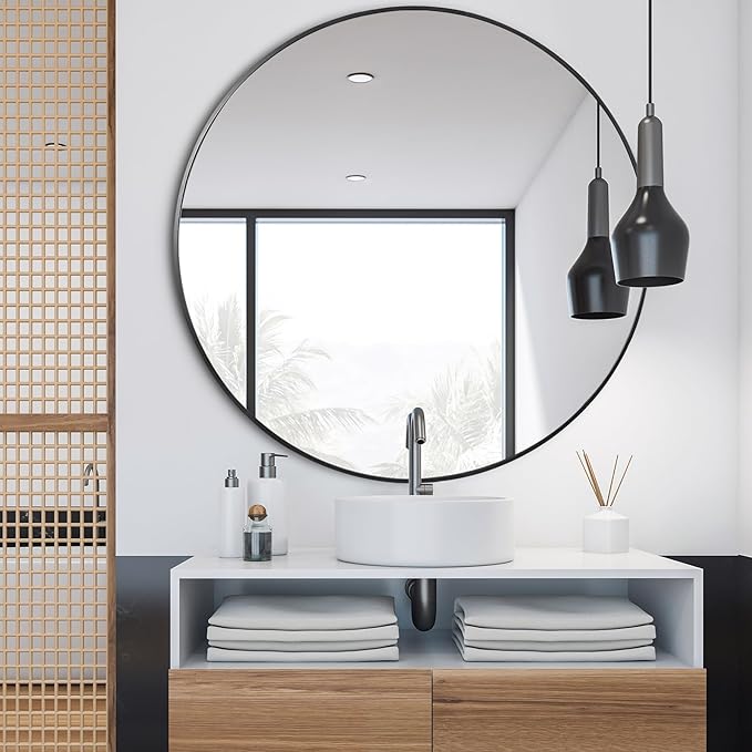 Smartxchoices 36 Inch Large Round Mirror, Metal Frame Wall Mirror Mounted Black Circle Mirrors, Vanity Mirror Modern Minimalist Wall Décor for Entryway, Bathroom, Washrooms, Living Rooms