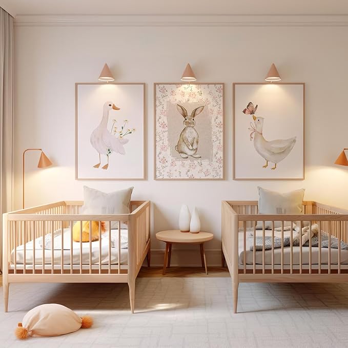 Vintage Nursery Wall Art Goose Canvas Poster Coquette Wall Decor Baby Girl Painting Kids Poster Bunny Rabbit Prints Cute Animal Pictures Duck Artwork for Bedroom Living Room 12x16x3 Inch Unframed