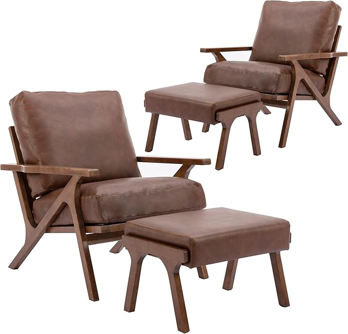 chairus Mid-Century Modern Brown Faux Leather Accent Chairs with Ottomans Set of 2, Comfy Upholstered Lounge Armchairs with Solid Wood Frame, Retro Reading Chairs for Living Room Bedroom Office