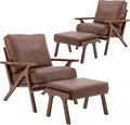 chairus Mid-Century Modern Brown Faux Leather Accent Chairs with Ottomans Set of 2, Comfy Upholstered Lounge Armchairs with Solid Wood Frame, Retro Reading Chairs for Living Room Bedroom Office