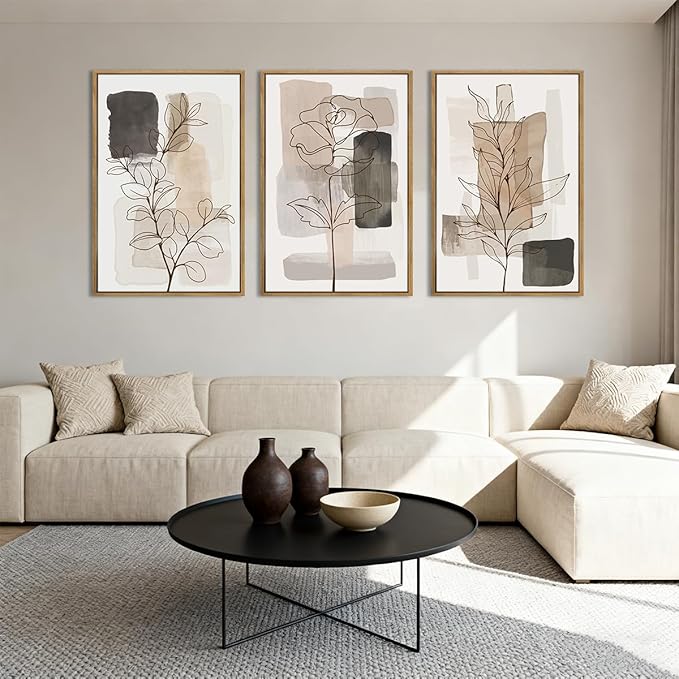 Anyzal Large Framed Neutral Floral Wall Art 16x24 Inch Tan Modern botanical Canvas Wall Decor Minimalist Black Flower Prints for Living room Bedroom Dining room Set of 3