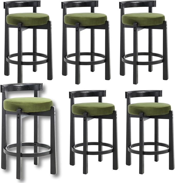 LukeAlon Mid Century Velvet Counter Stools Set of 6, Upholstered 26.5” Seat Height Barstools with Black Wood Legs Retro Modern Round Kitchen Stools with Footrest for Dining Room Bar Coffee Shop, Green