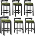 LukeAlon Mid Century Velvet Counter Stools Set of 6, Upholstered 26.5” Seat Height Barstools with Black Wood Legs Retro Modern Round Kitchen Stools with Footrest for Dining Room Bar Coffee Shop, Green