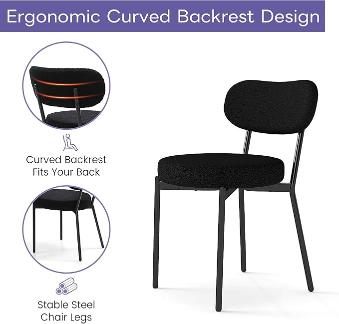 Murago Dining Chairs Set of 4 pcs, Boucle Upholstered Comfortable Seat with Curved Backrest, Mid-Century Modern & Scandinavian Designer Style, Ideal for Dining Room & Kitchen, Black