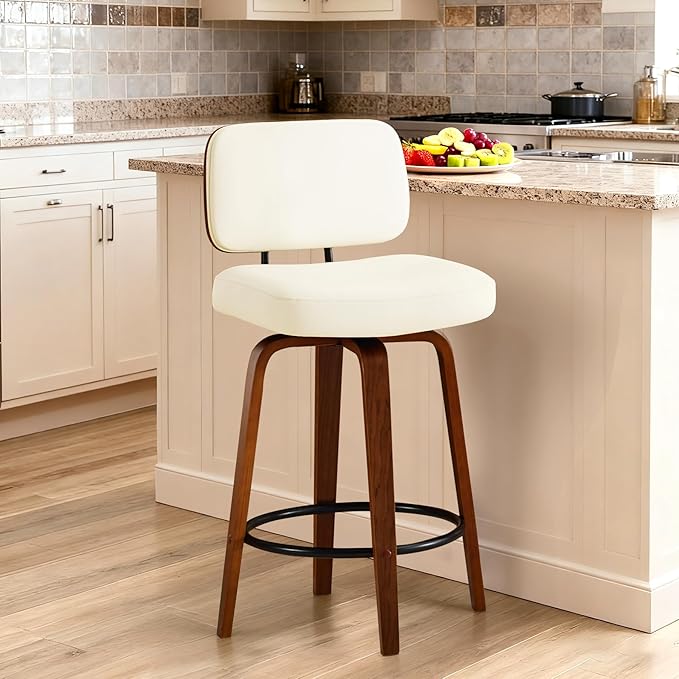 Counter Height Bar Stools Set of 1, 26+inch Swivel Faux Leather Barstool with Back, Upholstered Mid-Century Modern Bar Chairs with Bent Wood Legs for Kitchen Counter, Dining Room, Cream White