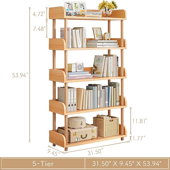 OSCHF 5-Tier Wooden Open Bookcase - Modern Display Bookshelf with Top Edge and Solid Wood Frame for Home and Office, Storage Cabinet, Oak