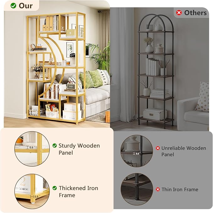 LGHM 79" W Luxury Marble-Patterned White Gold Bookshelf, Modern Geometric Half-Moon Style, Flexible Modular Open Storage Unit for Living Room, Home, Office