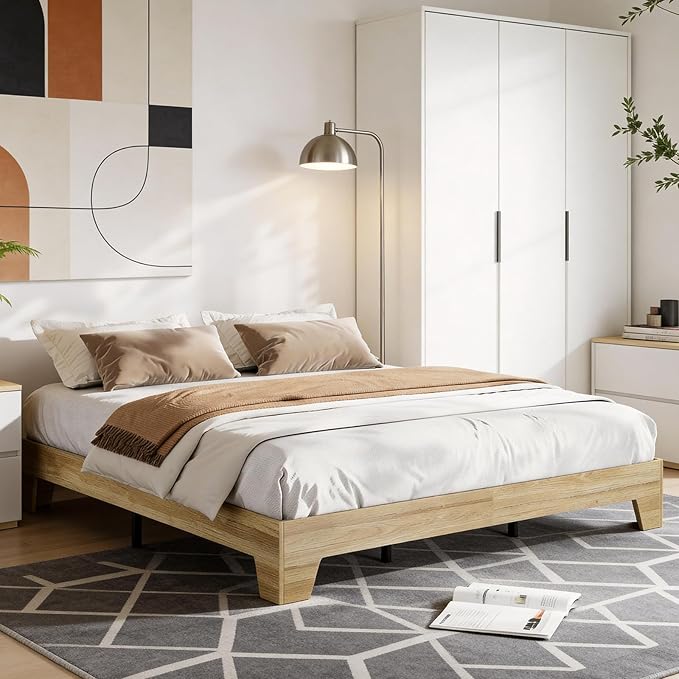 GarveeHome Queen Size Platform Bed Frame, Minimalist Wood Bed Frame No Headboard Needed, Sturdy Low Profile Bed with Natural Wood Grain, Noise-Free & Easy Assembly