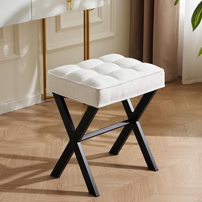 Modern Square Foot Stool Ottoman, Upholstered Vanity Chair with Metal X-Legs & Soft Linen Fabric - Versatile Seat and Footrest for Makeup, Living Room, Bedroom& Entryway(X-Black-White)