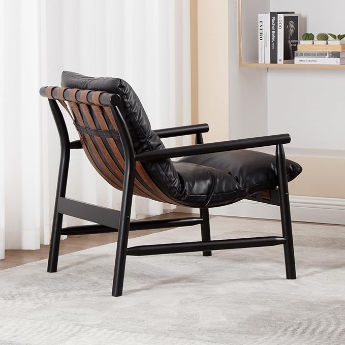 DUOMEI Faux Leather Accent Chair, Mid Century Modern Living Room Chairs with Solid Wood Frame, Upholstered Lounge Reading Chair Comfy Arm Chair Cozy Recliner for Bedroom/Guest Room, Black