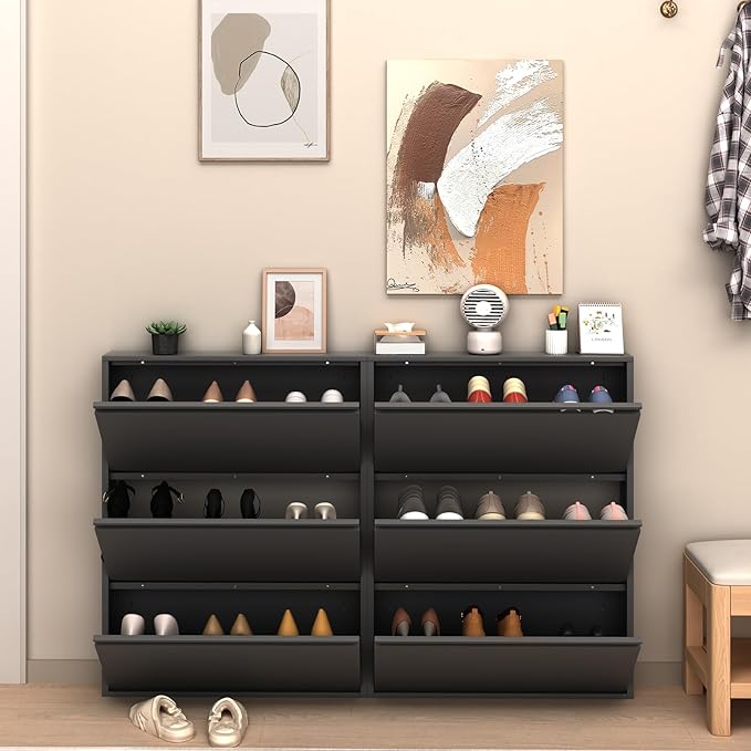 LUCYPAL Slim Shoe Cabinet,Metal Shoe Storage Cabinet for Entryway with 3 Flip Drawers,Narrow Wall Shoe Cabinet for Entryway,Hallway,Living Room,Black,Require Assembly