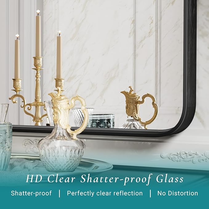 NEWBULIG 22X30 Inch Bathroom Wall Mirror, Vanity Bathroom Mirrors for Over Sink Tempered Glass, Anti-Rust Metal Framed Rounded Rectangle, Hangs Horizontally or Vertically, Farmhouse Home Decor, Black
