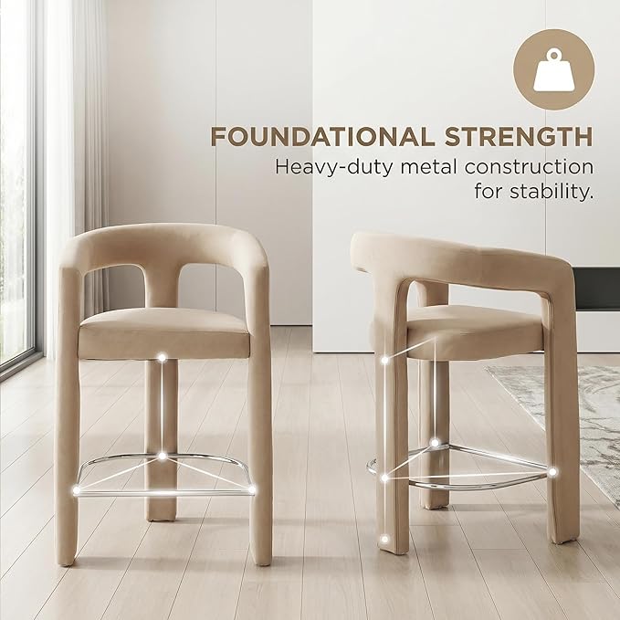 HNY 26 Inch Modern Tall Barrel Bar Stool, Velvet Upholstered Barstools with Open Back, Counter Height Bar Stool Chair with Armrest for Kitchen Island, Khaki