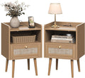 MECHYIN Night Stand Set 2, Nightstands Set of 2 with Charging Station, Rattan Side Tables with Solid Wood Legs, Boho Bedside End Table for Apartment Bedroom Dorm Small Space - Brown