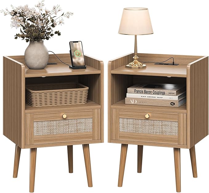 MECHYIN Night Stand Set 2, Nightstands Set of 2 with Charging Station, Rattan Side Tables with Solid Wood Legs, Boho Bedside End Table for Apartment Bedroom Dorm Small Space - Brown