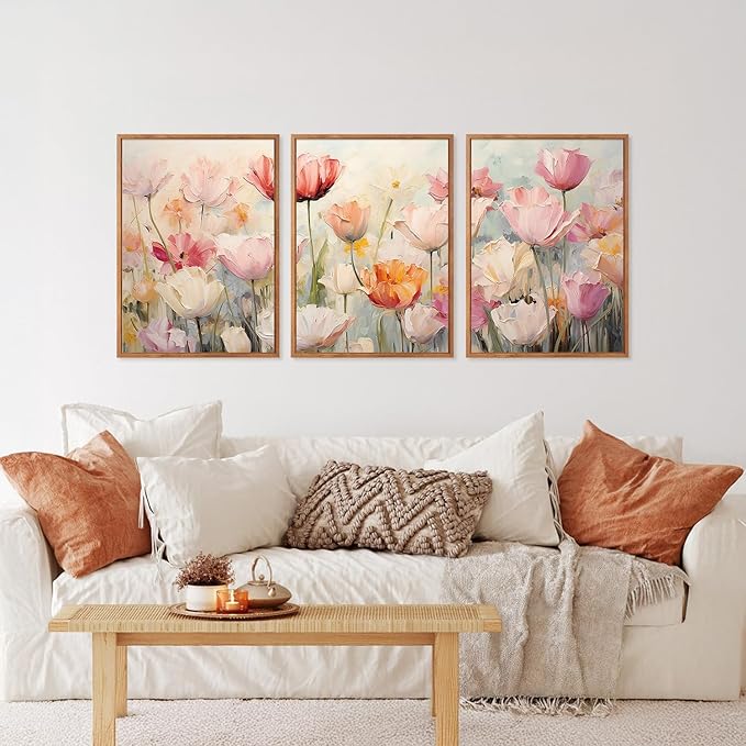 HPNIUB Large Nature Wildflowers Framed Wall Art Pink Floral Canvas Oil Painting Modern Aesthetic Wall Decor Abstract Flower Artwork for Living Room Bedroom Decor(Set of 3,12X16 Inch)