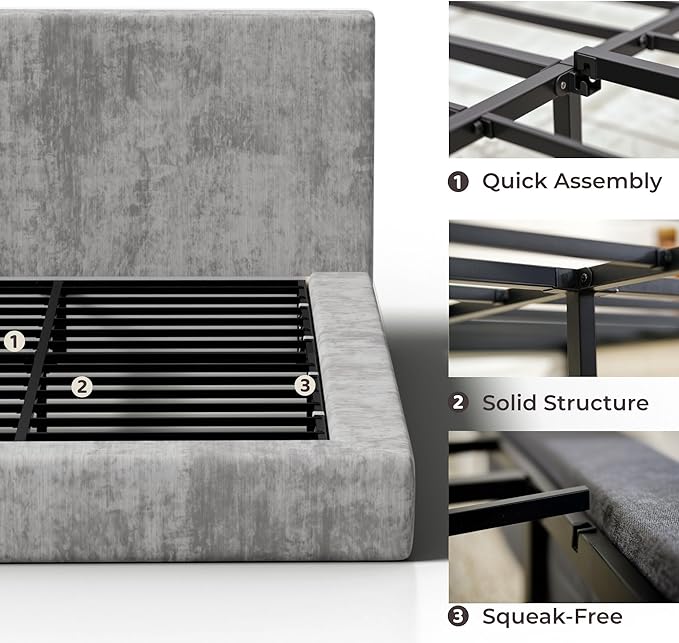 RECCI AirFrame Queen Bed Frame with Headboard, Cloud Upholstered Platform Bed Frame, 5 Inch Foam Cushioned, No Box Spring, Easy Assembly(Moon Grey)