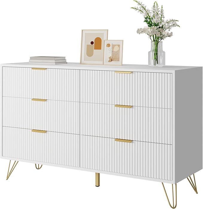 White 6 Drawer Dresser with Golden Handle, Fluted Wood Dressers, Modern Chest for Bedroom, Living Room, Hallway, Entryway