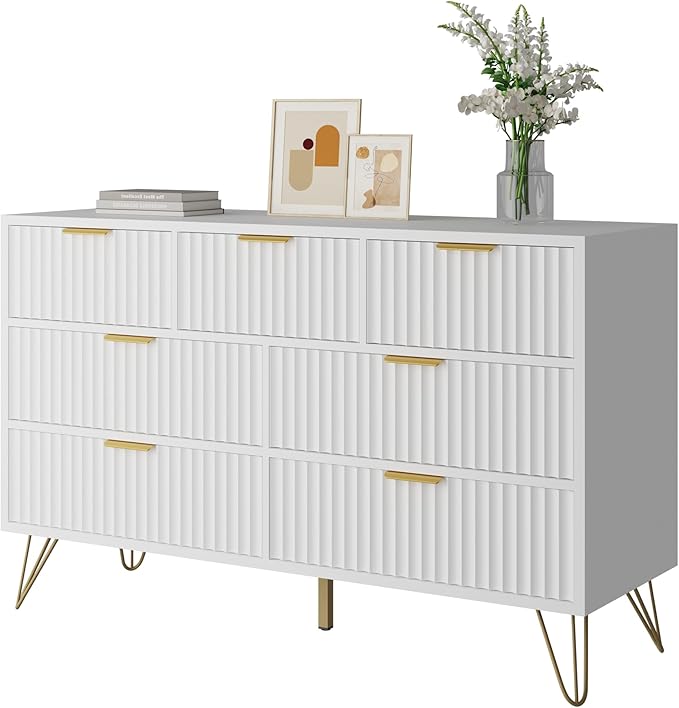 White Dresser for Bedroom, 7 Drawers Dresser with Golden Handles, Modern Wood Chest for Living Room, Hallway, Entryway