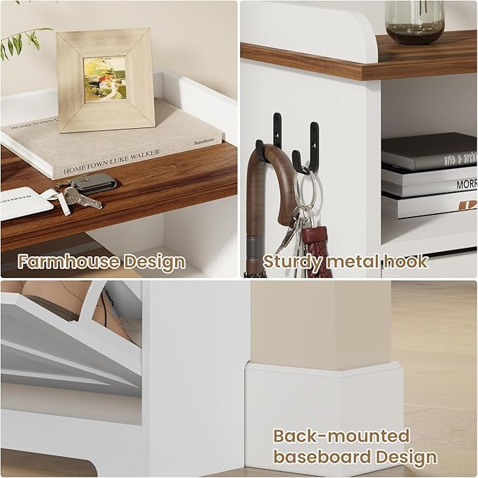 Shoe Cabinet Organizer with 2 Flip Drawers, Farmhouse Narrow Shoe Cabinet with 2 Adjustable Shelves & 2 Hooks, Shoe cabinet storage for entryway, Foyer, Hallway, White, 31.5"W x 8.7"D x 41.7"H