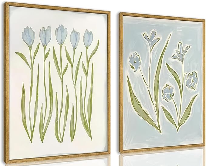 Blue Tulip Flower Wall Art Set of 2, Watercolor Floral Preppy Canvas Poster Prints, Modern Botanical Painting Aesthetic Picture for Living Room Bedroom Bathroom Apartment Wall Decor 16x24 Inch Framed