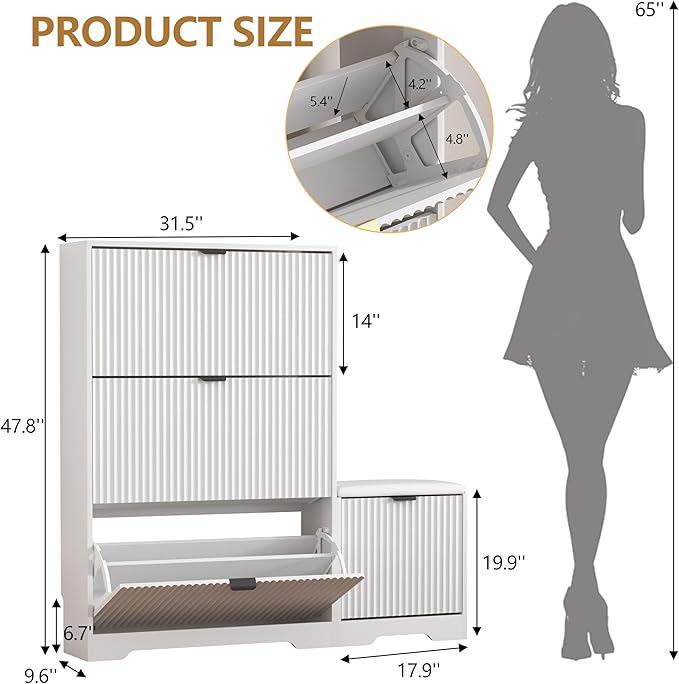 HUANLEGO Shoe Cabinet Storage for Entryway with 4 Flip Drawers, White Fluted Shoe Cabinet with Bench, Wooden Hidden Shoe Rack Freestanding Narrow Slim Shoes Storage Organizer for Hallway, Entrance