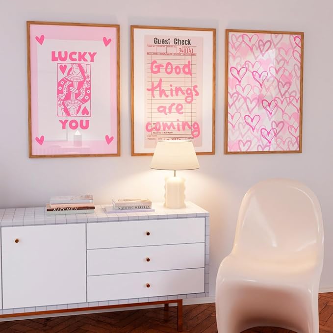Lucky You Pink Wall Art Guest Check Preppy Wall Decor Trendy Aesthetic Canvas Wall Art Funky Retro Poster Hearts Cute Picture Prints Inspirational Artwork for Room Bedroom 16x24 Inch Unframed Set of 3