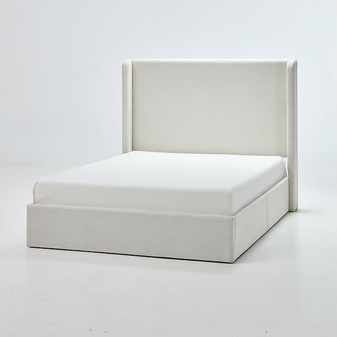 California King Size Upholstered Platform Bed Frame, 52" High Headboard Carmen Wingback Beds, Tall Headboard King Floor Bed Frames, No Box Spring Needed No Noise, Minimalist, Textured Ivory