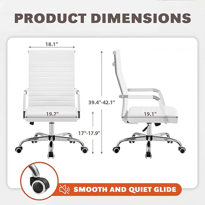 Furmax Ergonomic Office Desk Chair, Executive Ribbed Mid-Back PU Leather Conference Room Chair Adjustable Swivel Chair with Arms (1, White)